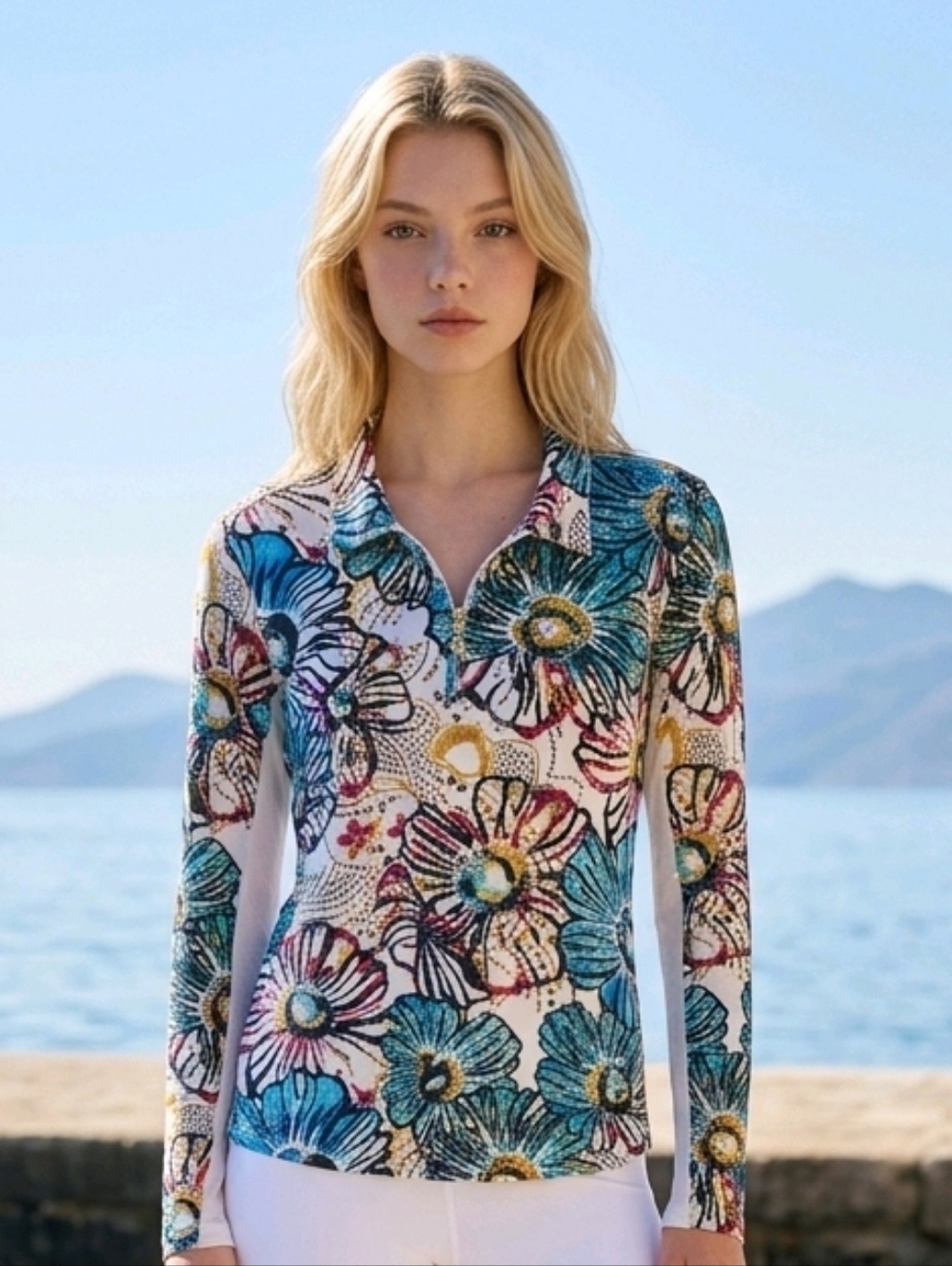 SunSoleil SPF 50  Floral Long Sleeve Activewear Multi Blue & Gold M 1/4 Zip